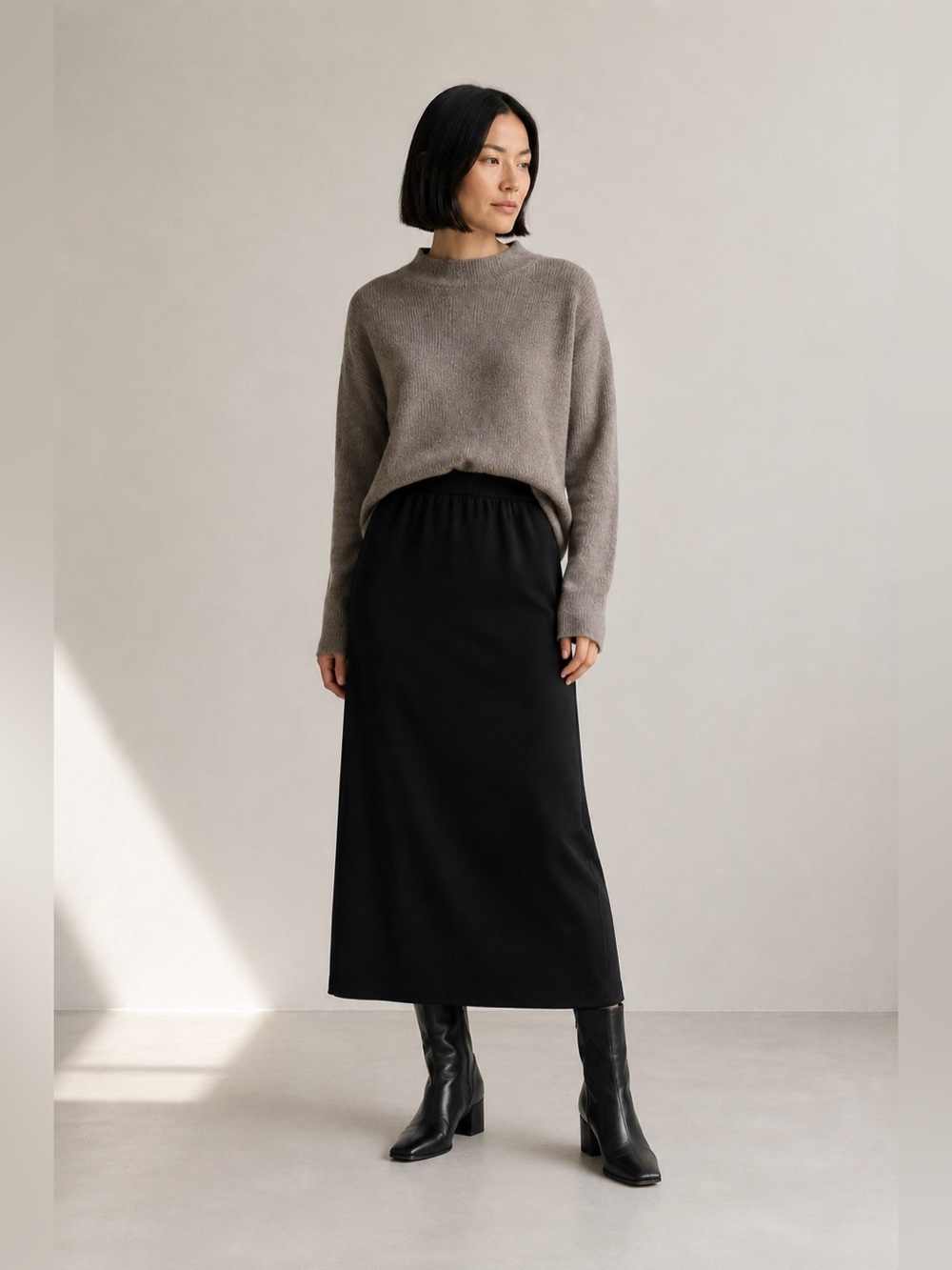 Eileen Fisher Black Lyocell Midi Skirt Pull On Stretch Minimalist